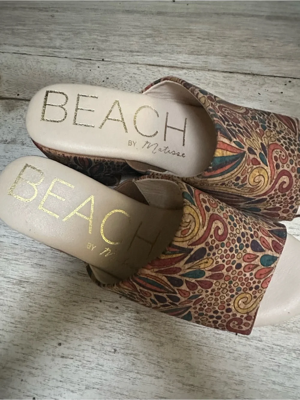 Beaded Floral-Print Platform Wedge Slides in Multicolor